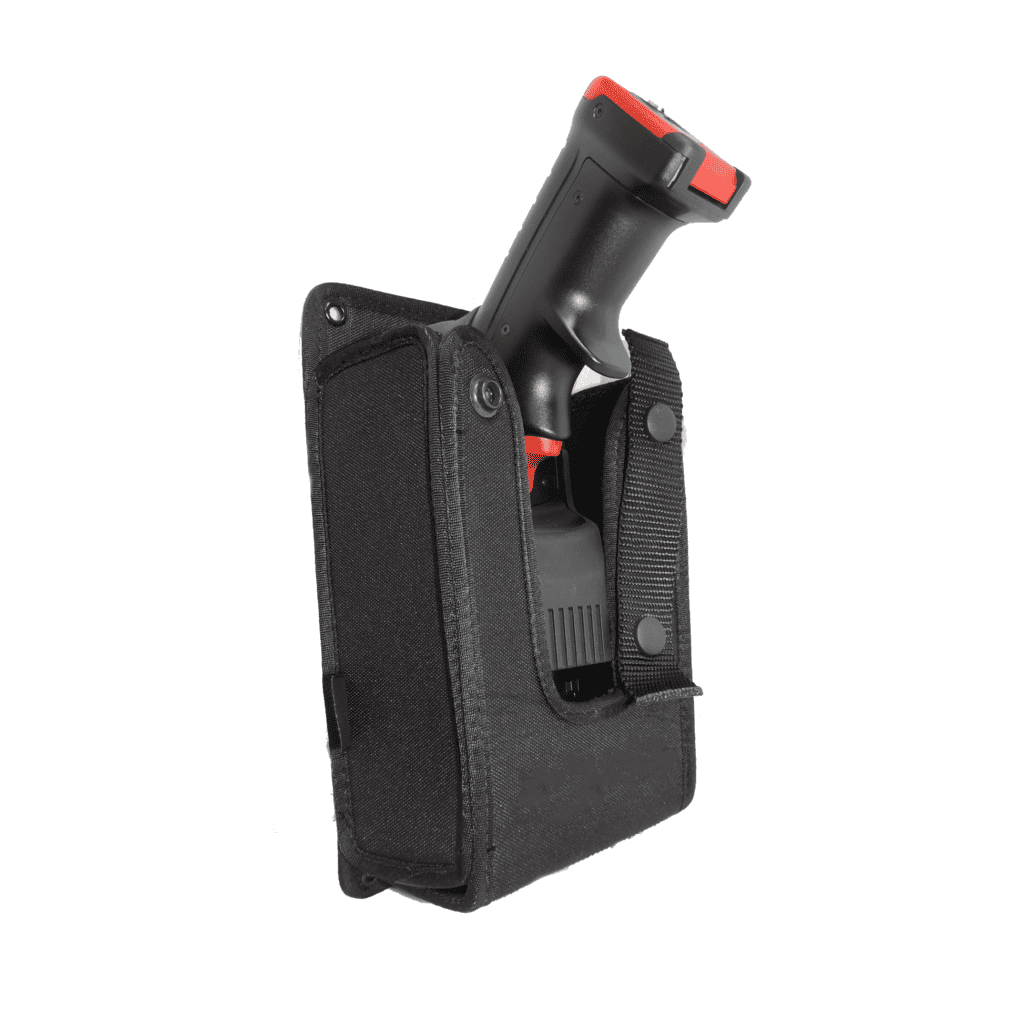 Scanner holster with integrated belt clip for secure carrying.