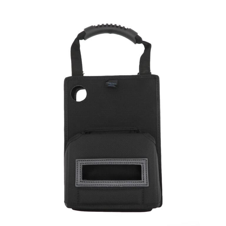 Durable black scanner and barcode device case with handle and front pocket for electronic devices.