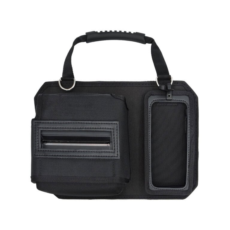 Durable black case with multiple compartments for scanners, barcodes, and electronic devices.